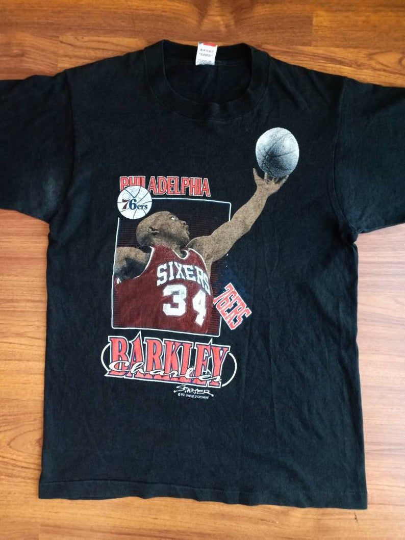 Rare Vintage Charles Barkley Caricature 90'S Nba Basketball Philadelphia 76Ers Starter Sportswear Shirt