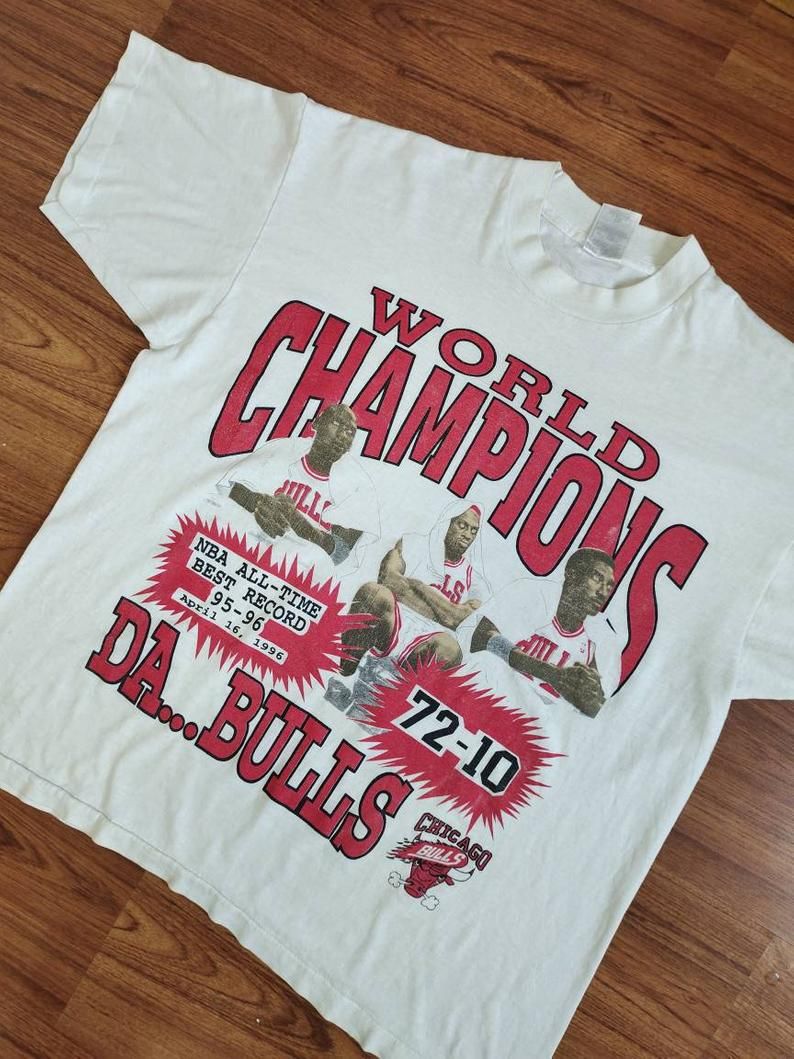 Rare Vintage Chicago Bulls World Champions Caricature Nba Basketball 72 Win Shirt