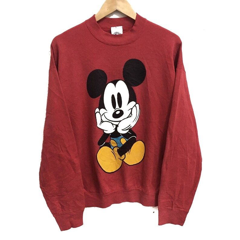 Rare Vintage Mickey Mouse Cartoon Disneyland Big Logo Red Colour Crew Neck Sweatshirts Jumper Pullover Medium Size