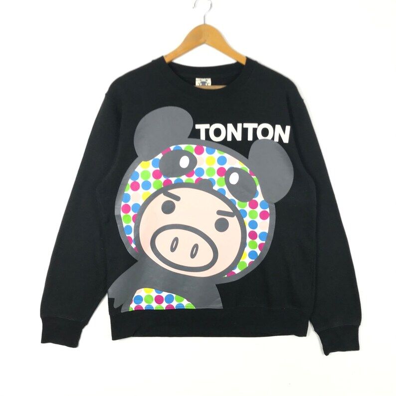 Rare Vintage Tonton Sweatshirt Sweater Jumper Pullover Spellout Big Logo Japan Anime Black Colour Fashion Streetwear Large Size