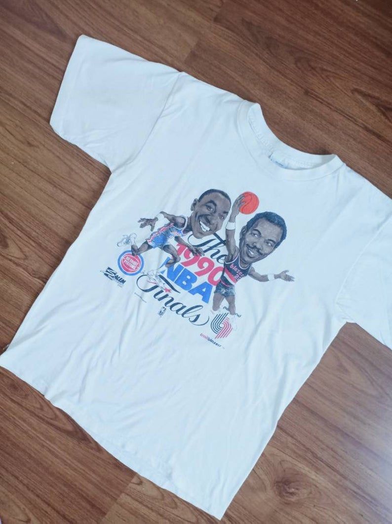 Rare Vintages 1993 Nba Finals Caricature 90'S Detroit Pistons Portland Trailblazers Basketball Shirt
