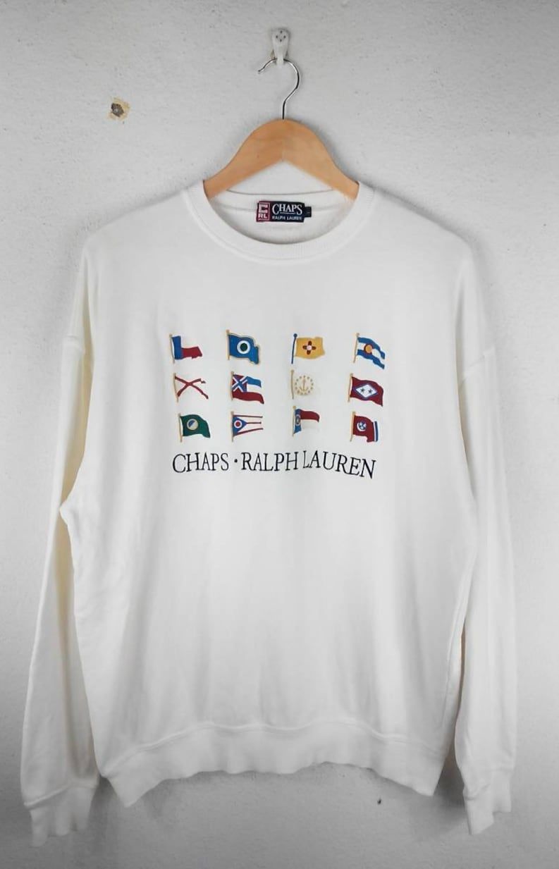 Reserve Vintage Chaps Ralph Lauren Flag Country Big Logo Embroidery Crew Neck White Color Sweatshirts Hip Hop Swag L Size