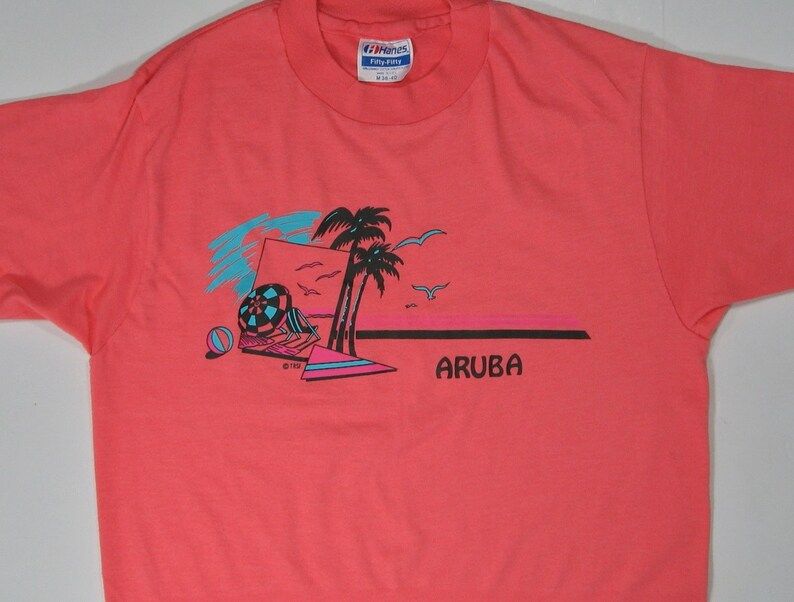 Reserved 80S Aruba T Shirt Xs S Soft Paper Thin Pink Salmon Tee Sea Punk Surf Skate Caribbean Beach Tourist Travel Vacation Trip