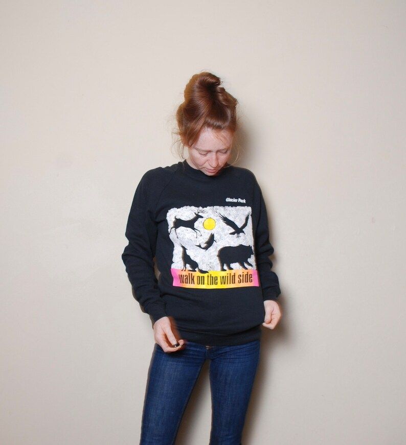 Reserved 90S Large Glacier Park Sweatshirt National Park Black Long Sleeve Pullover Screen Stars Wild Animal Art Print Rocky Mountain Montan