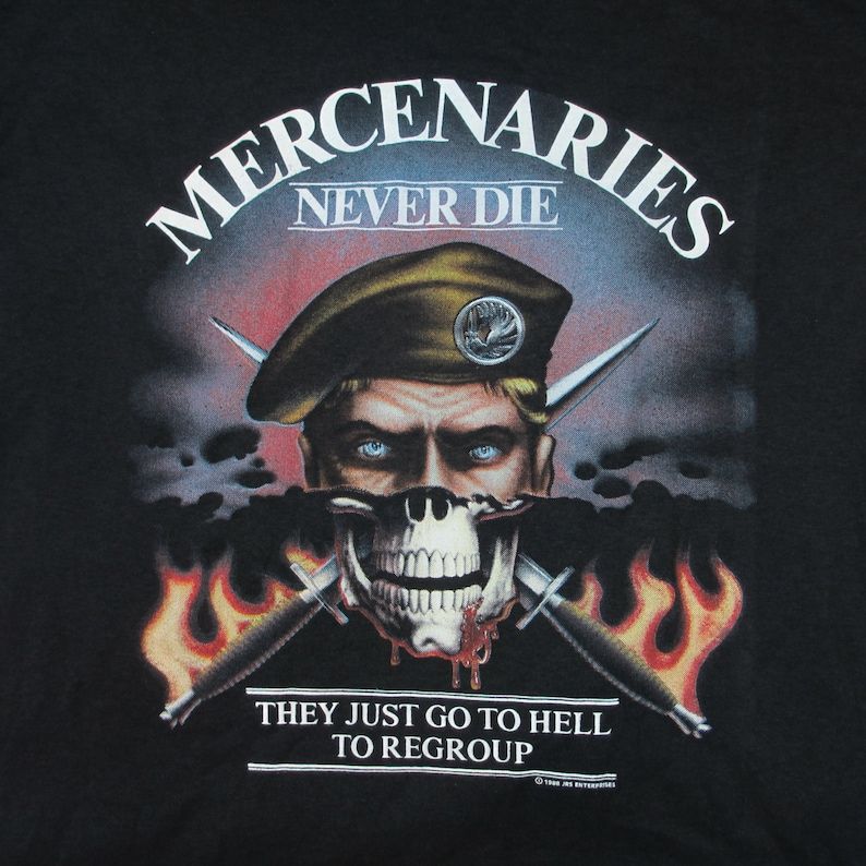 Reserved Vintage Deadstock 1980S Mercenaries Never Die Graphic T Shirt Medium Large Tee Swing Rothco 3D Emblem Rebel Rider Hell 50 50
