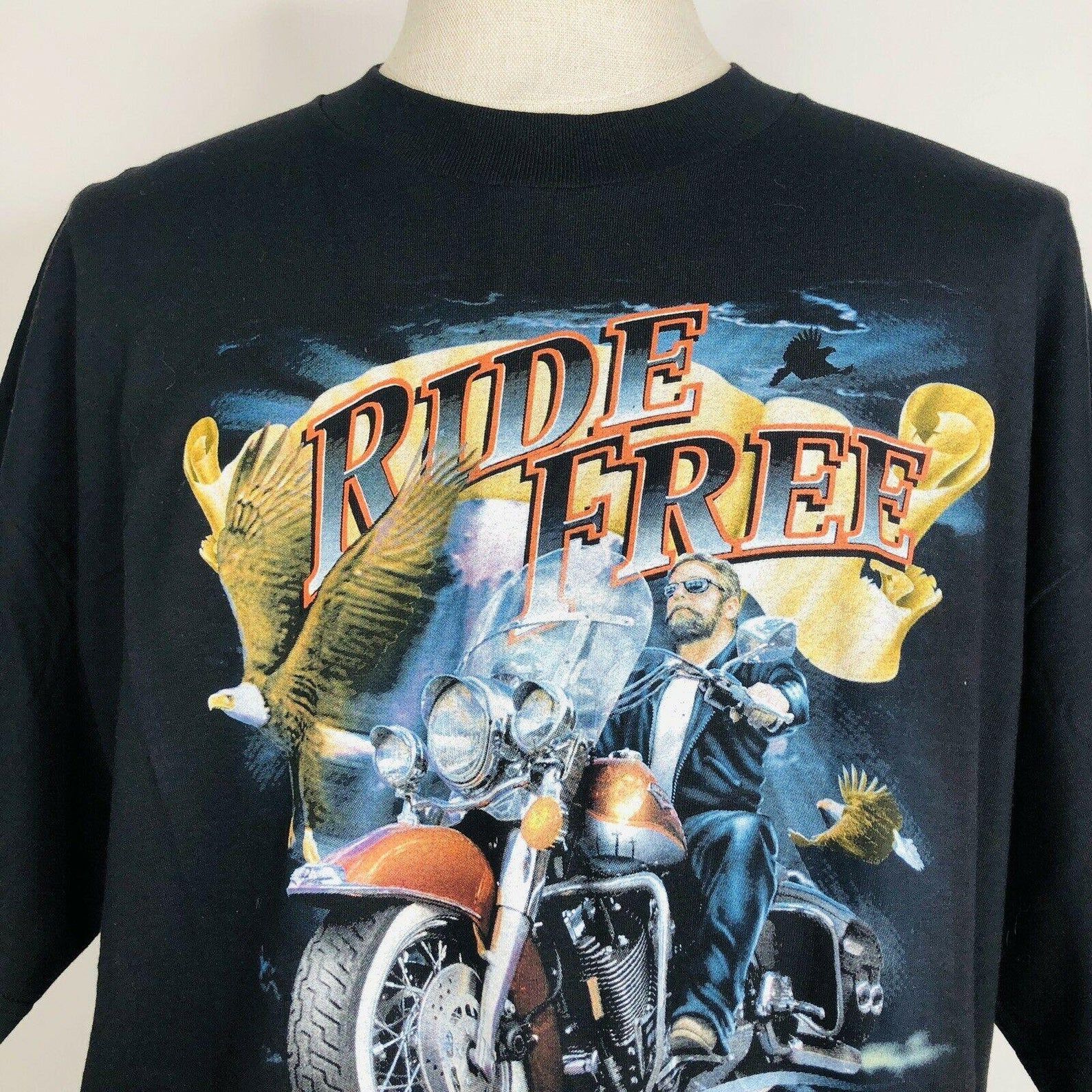 Ride Free To Eternal Life Biker T Shirt Black Eagle X Double Sided Deadstock