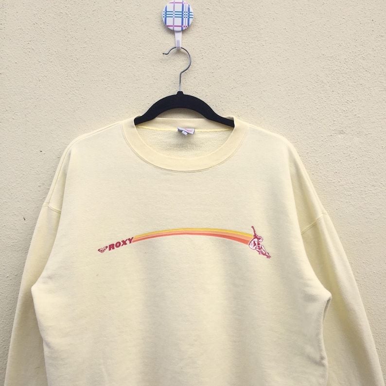 Roxy Quicksilver Skaters Stripe Small Logo Yellow Crew Neck Sweatshirt