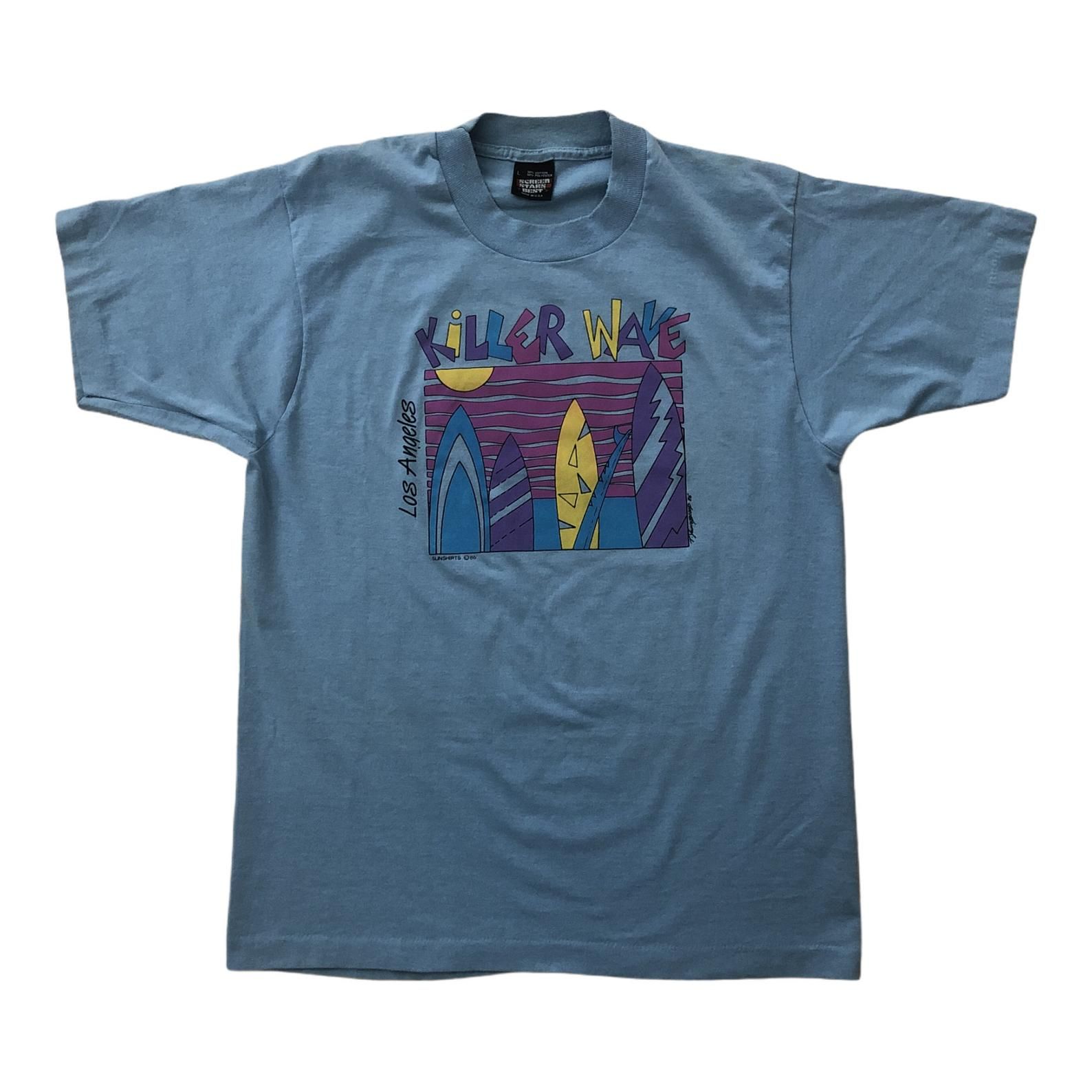 Screen Stars Best Vintage 1980S Killer Wave Los Angeles Surfing Beach Tourist Destination Neon Graphic Single Stitch Made Usa Blue T-Shirt screen stars best vintage 1980s killer wave los angeles surfing beach tourist destination neon graphic single stitch made usa blue t shirt vf1cn