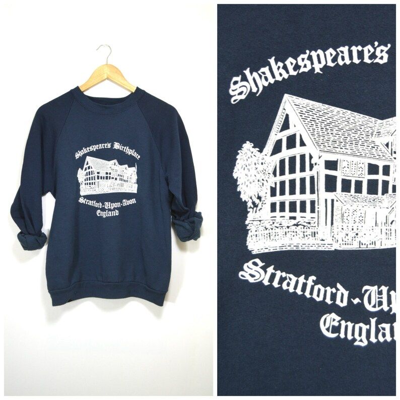Shakespeare Vintage Raglan Fleece Sweatshirt Stratford Upon Avon English Sweater Navy Blue Historical Screen Print Sweatshirt Small