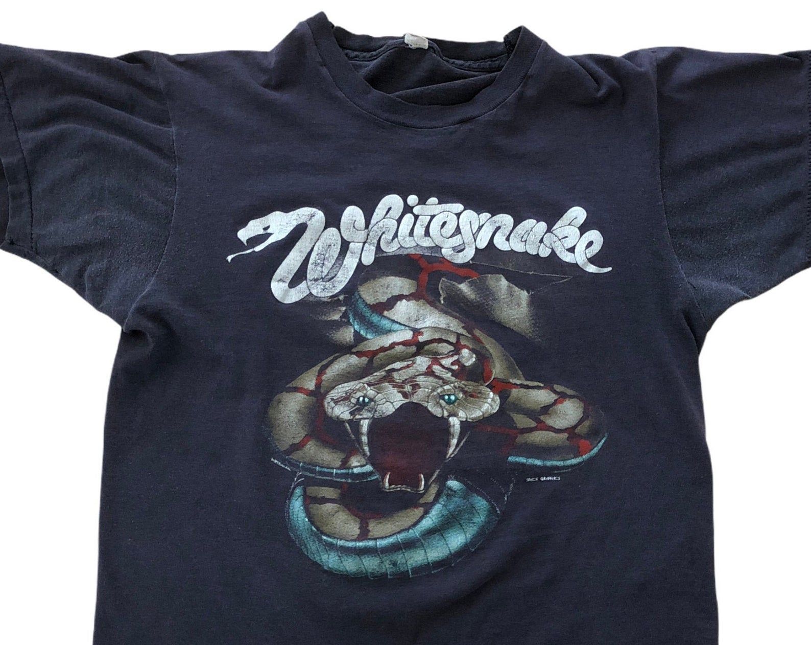 Snake Vintage 1984 Tour Band Concert 1980S Hair Metal Usa Single Stitch Double Sided Graphic Faded Charcoal Black T-Shirt