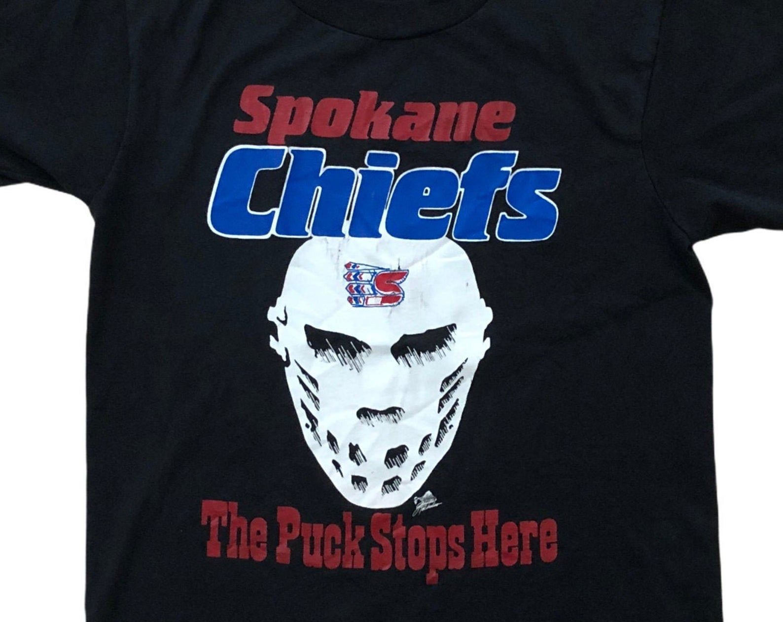 Spokane Chiefs Vintage Screen Stars Best Goalie Mask Rare 1980S 90S Whl Minor League Hockey Jason Friday 13Th Spell Out Logo Black T-Shirt