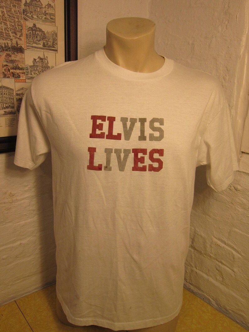 Super Cool 1980S Flock Print Elvis Lives Shirt Single Sided