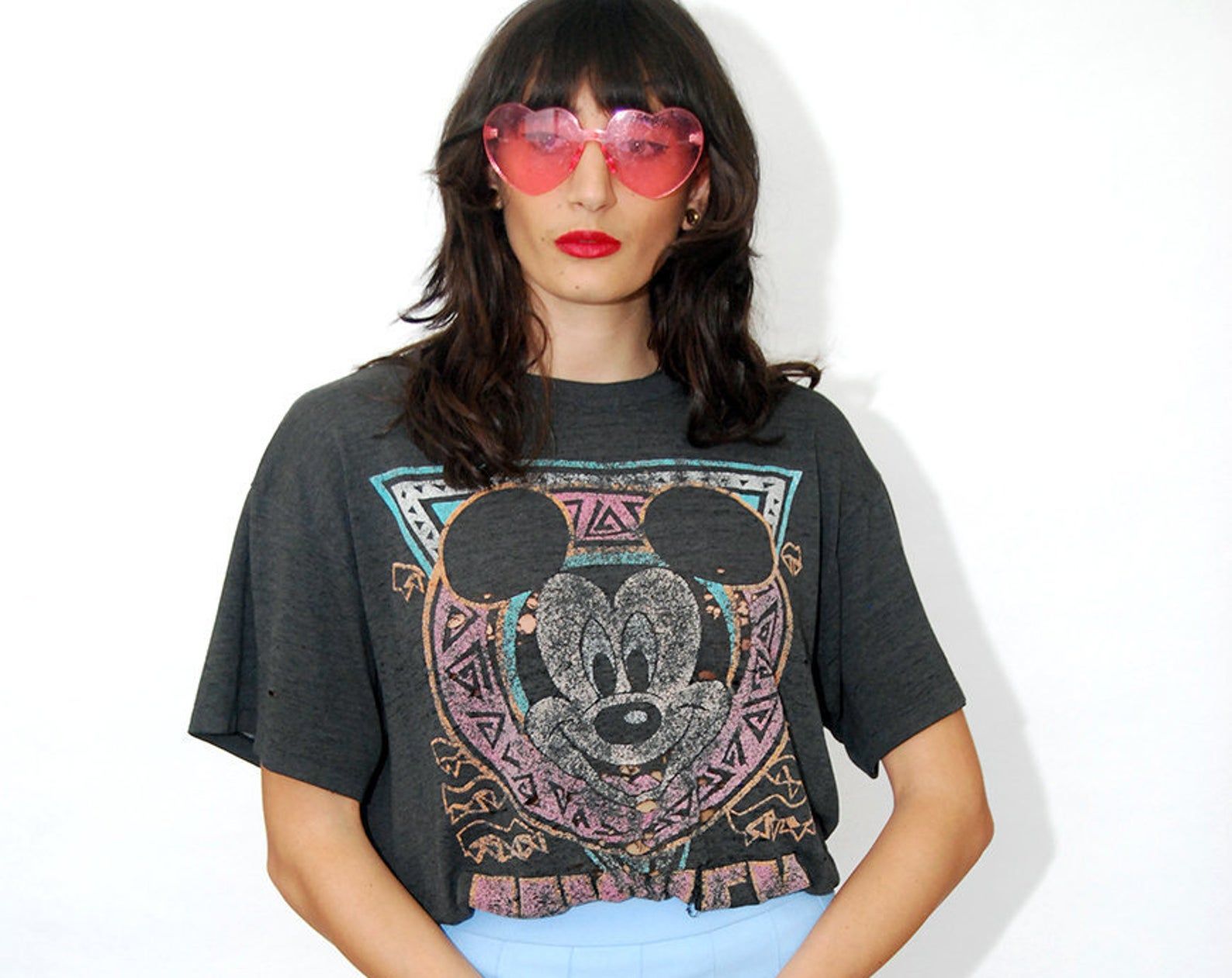 Thrashed Mickey Mouse T-Shirt Vintage 90S Gray Black Faded Distressed Hole Tear Rip Paper Thin Single Stitch Walt Disney Top