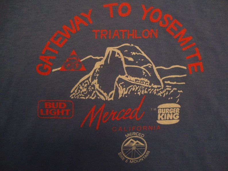 True Vintage 80S Gateway To Yosemite Triathlon Merced Blue Paper Thin T Shirt