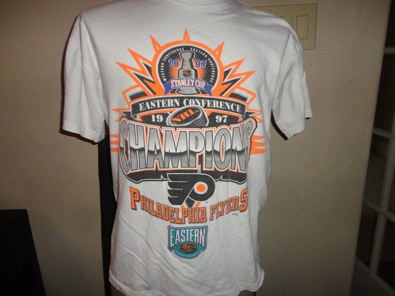 True Vintage 90S 1997 White Philadelphia Flyers Eastern Conference Champions Nhl Hockey Tshirt Fits Adult M Very Good Rare Hard To Find
