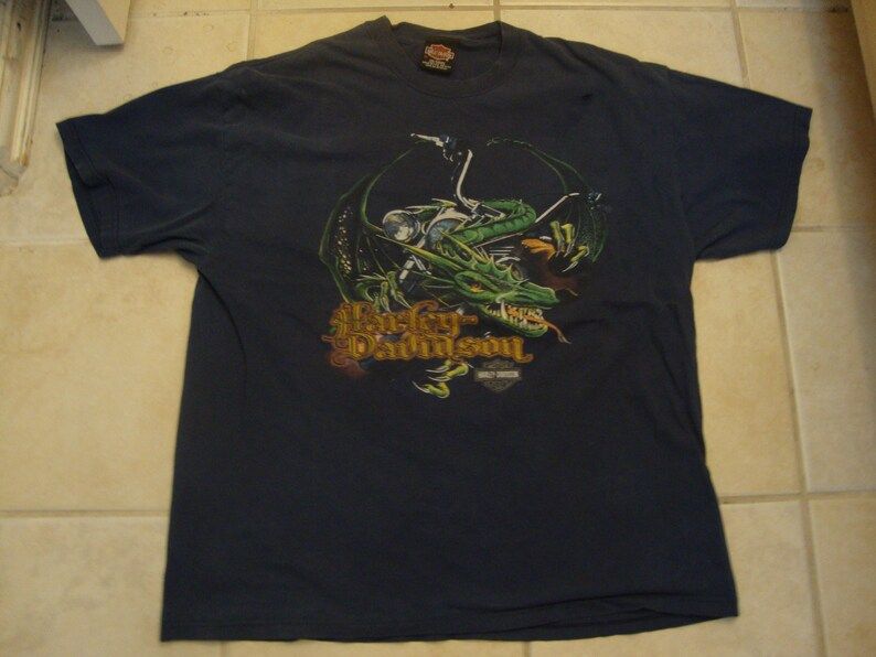 True Vintage 90S Harley Davidson Motorcycles Dragon Blue T Shirt