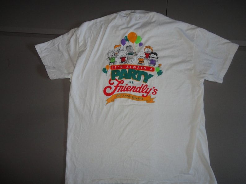 True Vintage 90S White Peanuts Snoopy Gang Its Always A Party At Friendlys 60Th Anniversary Cotton Tshirt Fits Adult