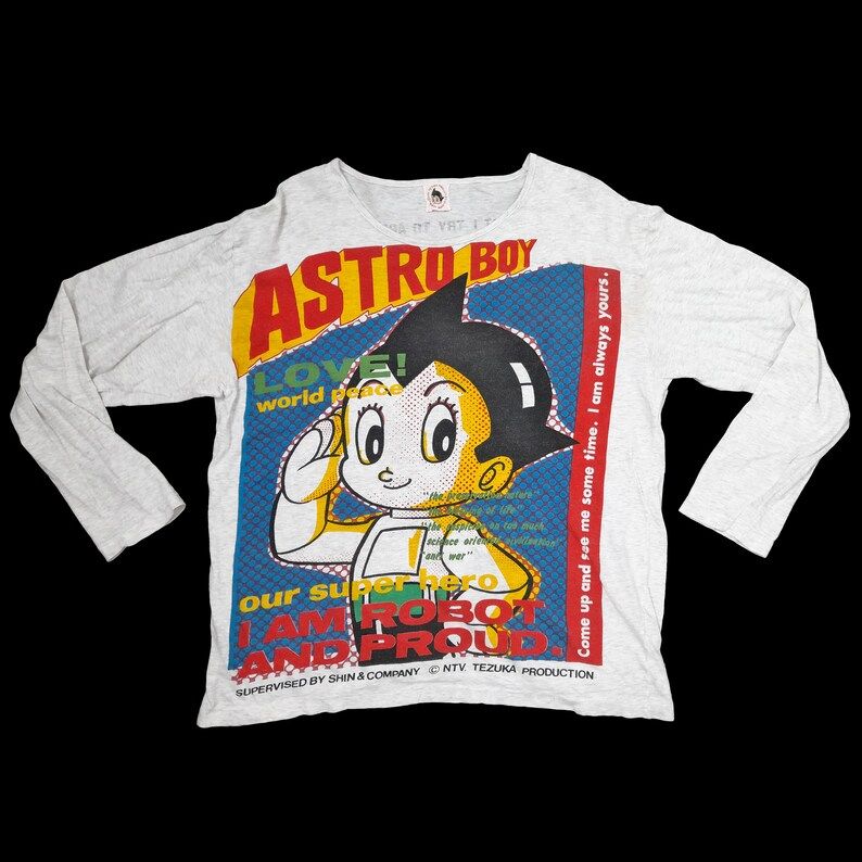 Vintage 00S Astro Boy Anime Cartoon Full Print And Spell Out Long Sleeve Boat Neck Grey Color T Shirt Adult Ladies Small Size