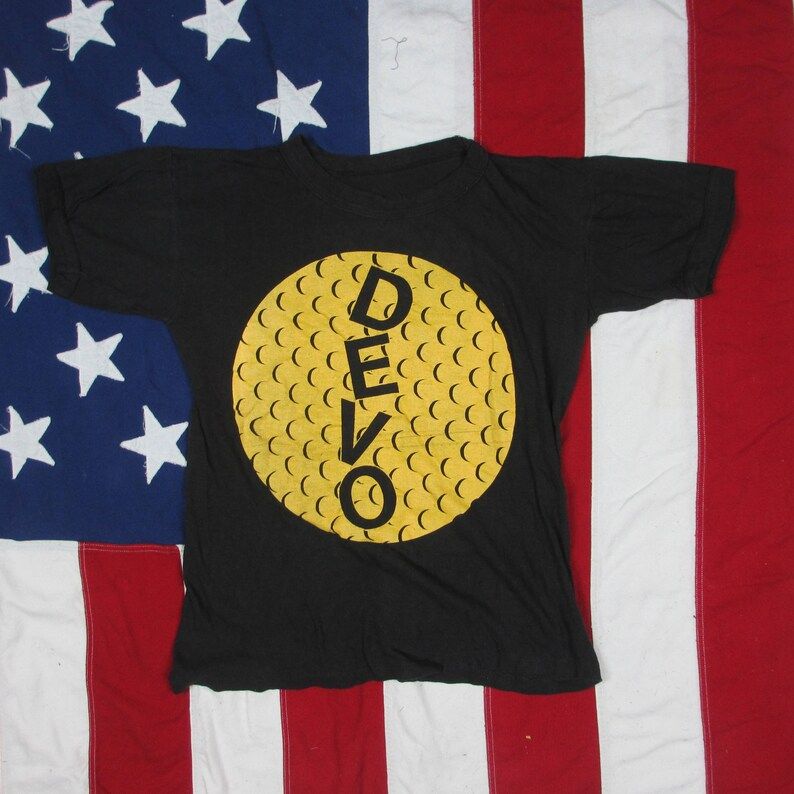 Vintage 1970S Devo Graphic Logo T Shirt Xs Small Black Yellow Soft Thin New Wave Proto Punk Concert Tour Music Band Ohio