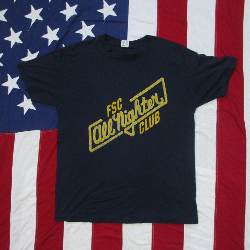 Vintage 1970S Fsc All Nighter Club Bubble Print T Shirt Medium Large Champion 50 50 Soft Thin Navy Blue Yellow
