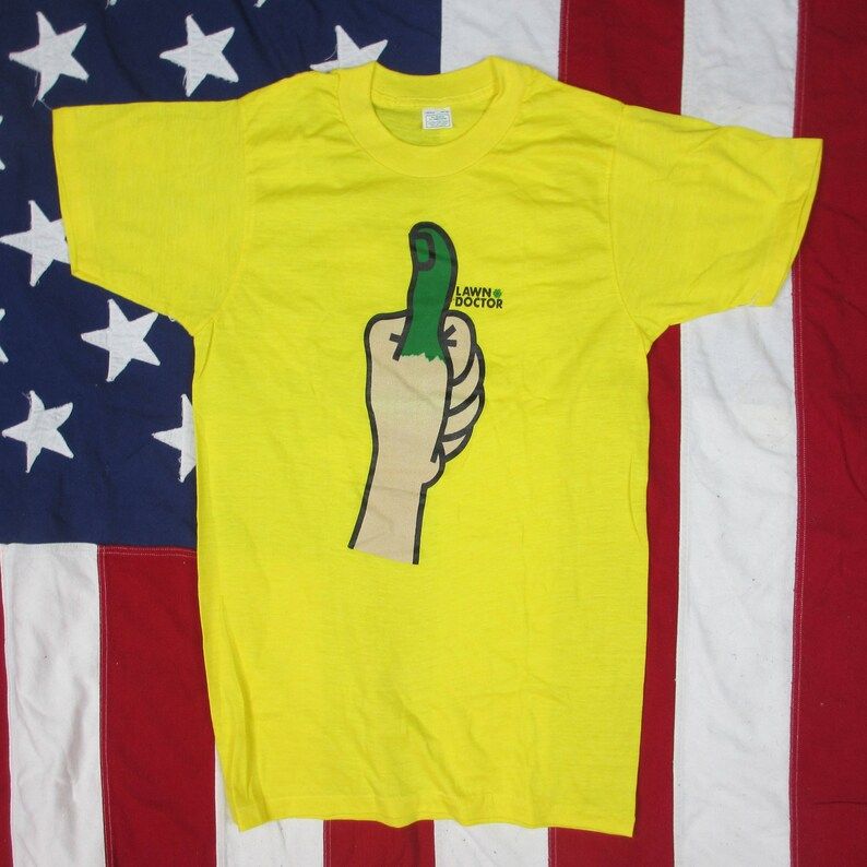 Vintage 1970S Green Thumb The Lawn Doctor Graphic T Shirt Xs Small Pre Screen Stars Yellow Green Soft Paper Thin Cotton Poly