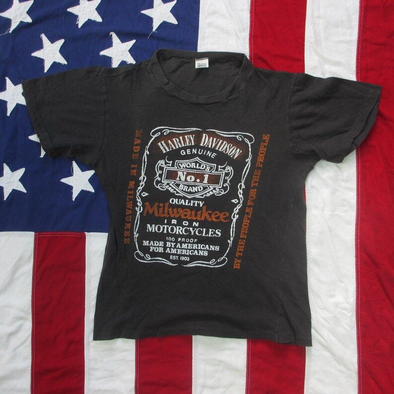 Vintage 1970S Harley Davidson Motorcycles Beer Label T Shirt Small Xs Black Faded Well Worn Made In Usa Milwaukee Whiskey 100 Proof