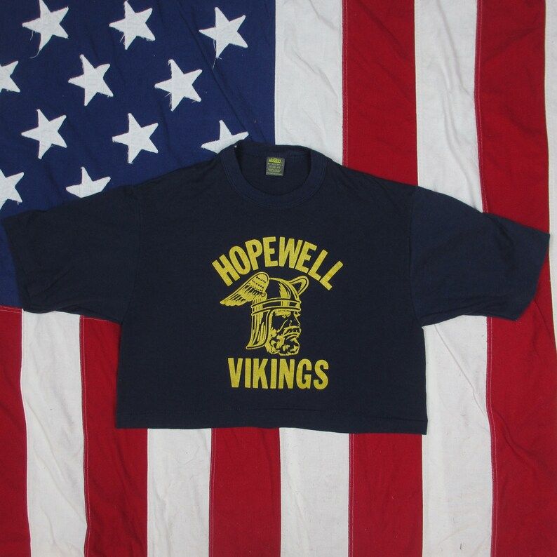 Vintage 1970S Hopewell Highschool Vikings Crop Top T Shirt Small Medium Navy Blue Gold Soft Thin Logo Football Sports Russell Pittsburgh vintage 1970s hopewell highschool vikings crop top t shirt small medium navy blue gold soft thin logo football sports russell pittsburgh ebwzs