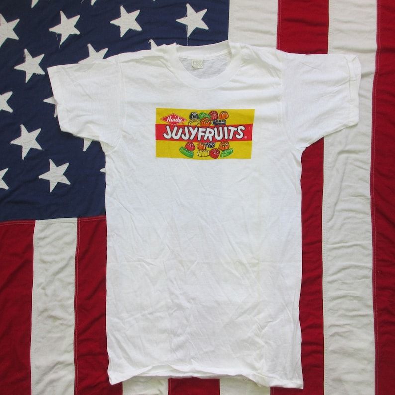 Vintage 1970S Jujyfruits Candy Graphic T Shirt Xs Small Fruit Of The Loom Single Stitch Soft Thin Beige Tag Heide White Old Logo Food Brand vintage 1970s jujyfruits candy graphic t shirt xs small fruit of the loom single stitch soft thin beige tag heide white old logo food brand kdist