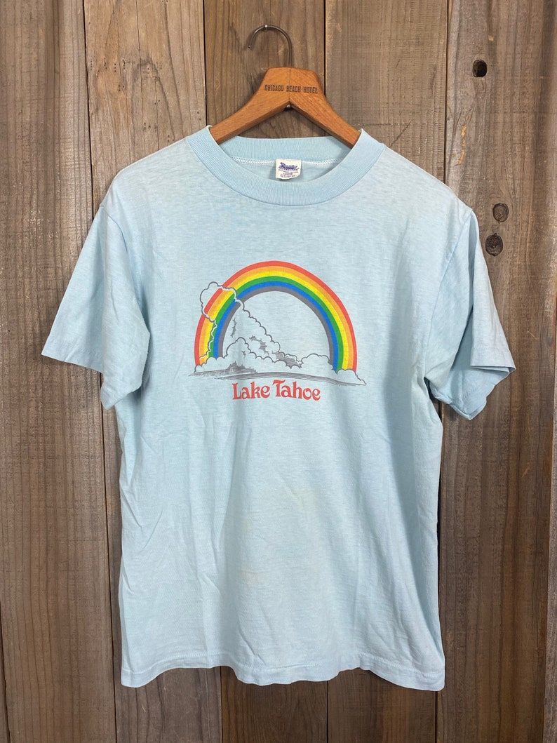 Vintage 1970S Lake Tahoe California Rainbow Tee Shirt L