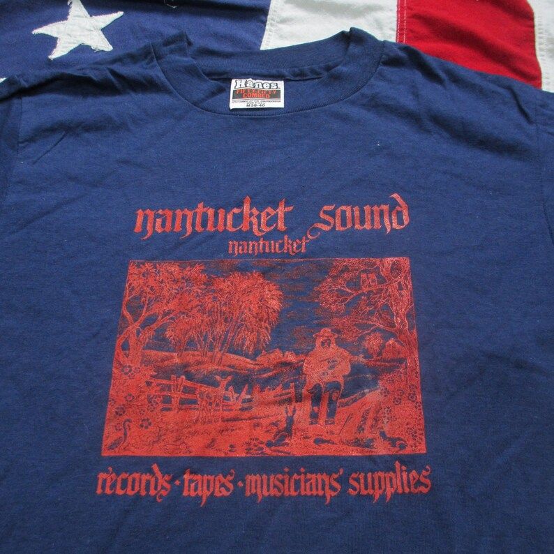 Vintage 1970S Nantucket Sound Music Store Graphic T Shirt Small Xs Navy Blue Records Tapes Cape Cod Massachussets Soft Thin Hanes 50 50