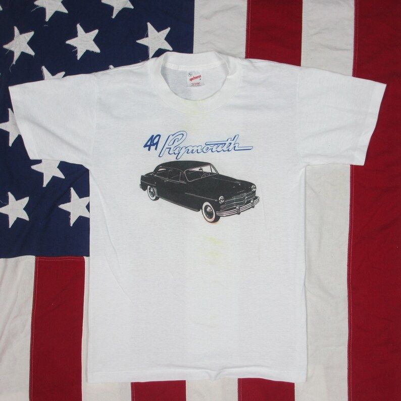 Vintage 1980S 49 Plymouth Classic Car Graphic T Shirt Xs Small White Soft Thin Well Worn Super Deluxe Chrysler Detroit Motor City