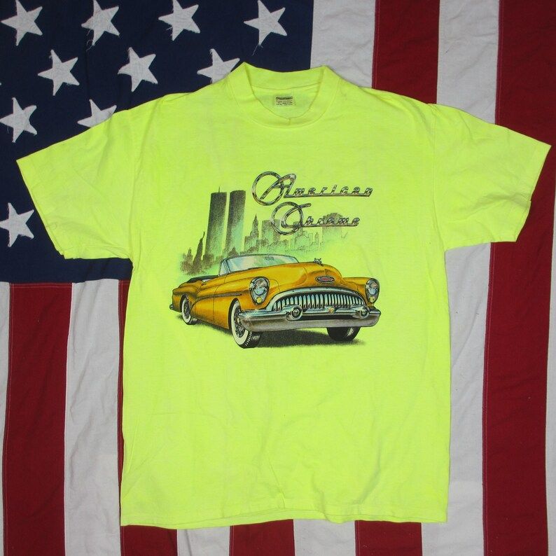 Vintage 1980S American Chrome 1950S Buick Skylark And World Trade Center Graphic T Shirt Large Xl Stedman Highlighter Yellow Classic Car