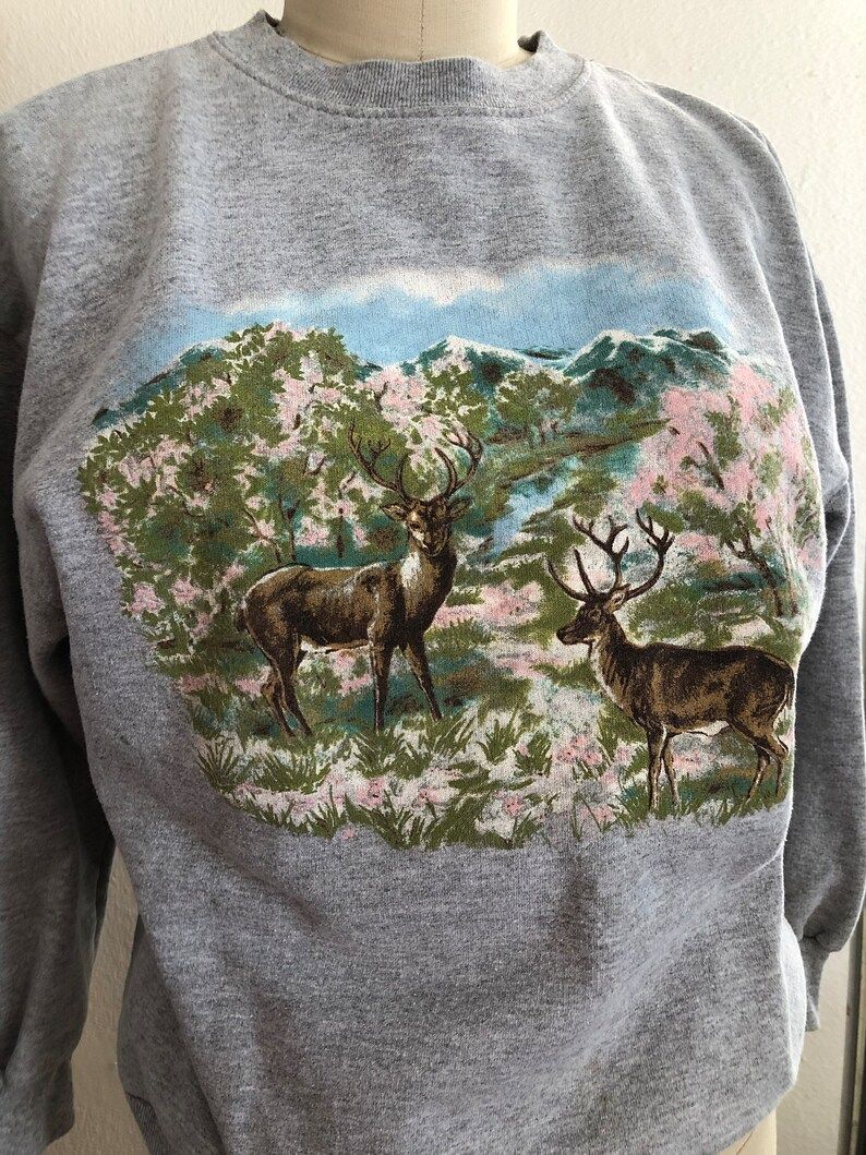 Vintage 1980S Basic Editions Deer In Trees And Mountain Landscape Sweatshirt Womens Size Small Ugly Animal Sweatshirt