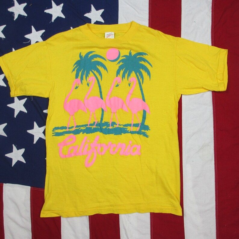 Vintage 1980S Bubble Print California Flamingo Tourist Graphic T Shirt Small Heavy Super Ts 100 Cotton Soft Thin Yellow Palm Trees