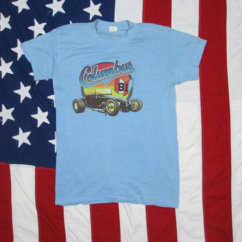 Vintage 1980S Columbus Ohio Antique Car Show Graphic T Shirt Medium Large Light Baby Blue 50 50 Soft Thin Roach Auto Muscle Car Midwest