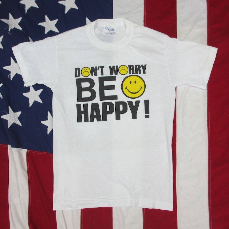 Vintage 1980S Dont Worry Be Happy Slogan T Shirt Xs Small Smiley Face Bobby Mcferrin Soft Thin Teejays Music Exclamation Point