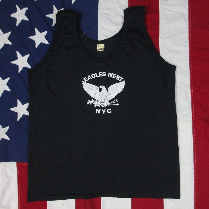 Vintage 1980S Eagles Nest New York City Bar Tank Top Large Soft Thin Screen Stars Beige Tag Black Manhattan Lower East Side Night Club Bald