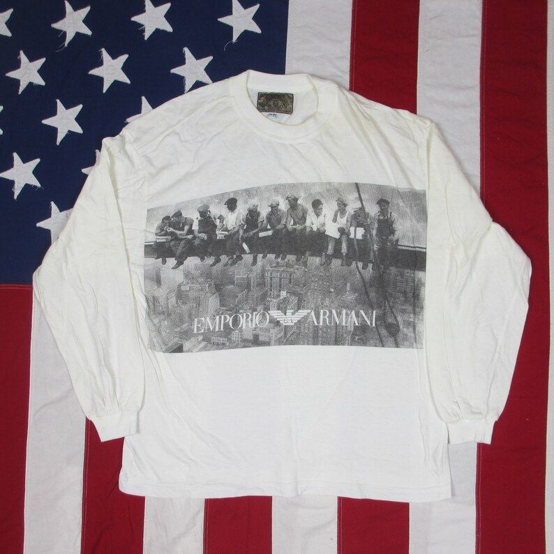 Vintage 1980S Emporio Armani Jeans Long Sleeve Graphic T Shirt Medium Large Lunch Atop A Skyscraper New York City Giorgio