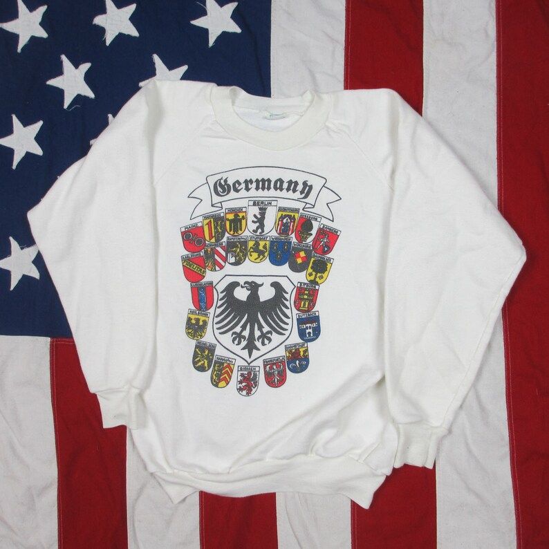 Vintage 1980S Germany Heraldry Raglan Crewneck Sweatshirt Xs Small White Very Thin Soft Threadbare Well Worn Cotton Poly Tourist Europe