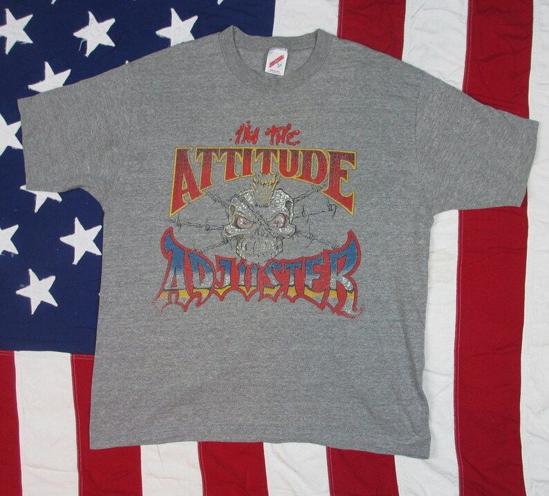 Vintage 1980S Im The Attitude Adjuster Graphic Tishirt Skull Mohawk Barbed Wire Cotton Poly Soft And Thin Heather Gray Made In Usa