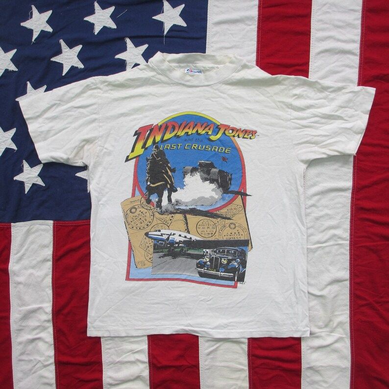 Vintage 1980S Indiana Jones And The Last Crusade Graphic T Shirt Small Medium Hanes Worn White Steven Spielberg Lucasfilm Hollywood Classic