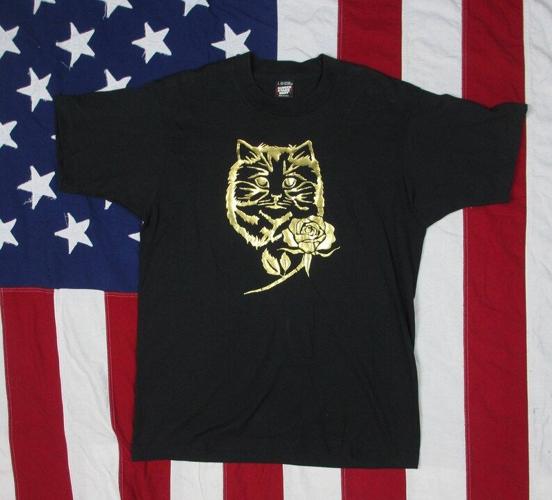 Vintage 1980S Metallic Gold Cat And Rose Graphic T Shirt Medium Large Screen Stars Best Black Fancy Soft Cotton Poly Feline Longhair