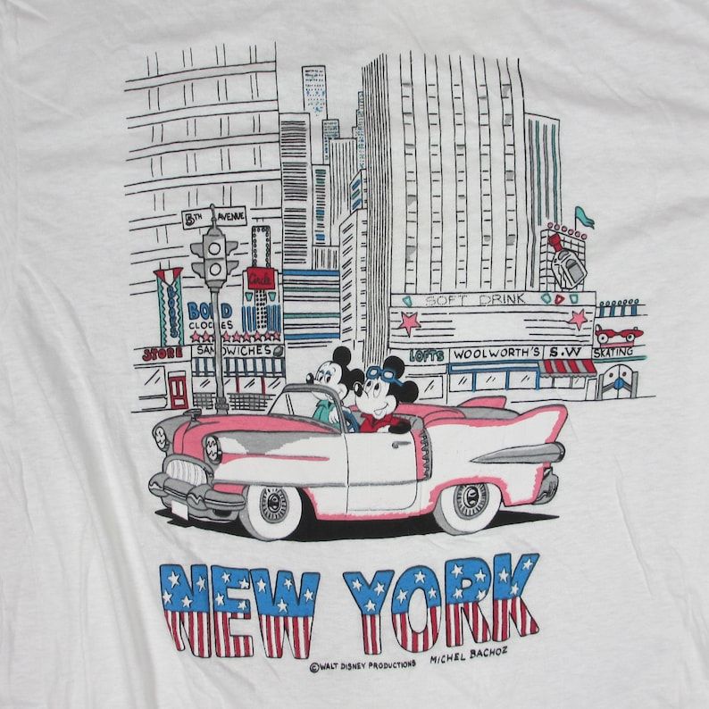 Vintage 1980S Mickey And Minnie Mouse New York Graphic T Shirt Large Xl Soft White Manhattan American Flag Cadillac Disney Cartoon Nyc