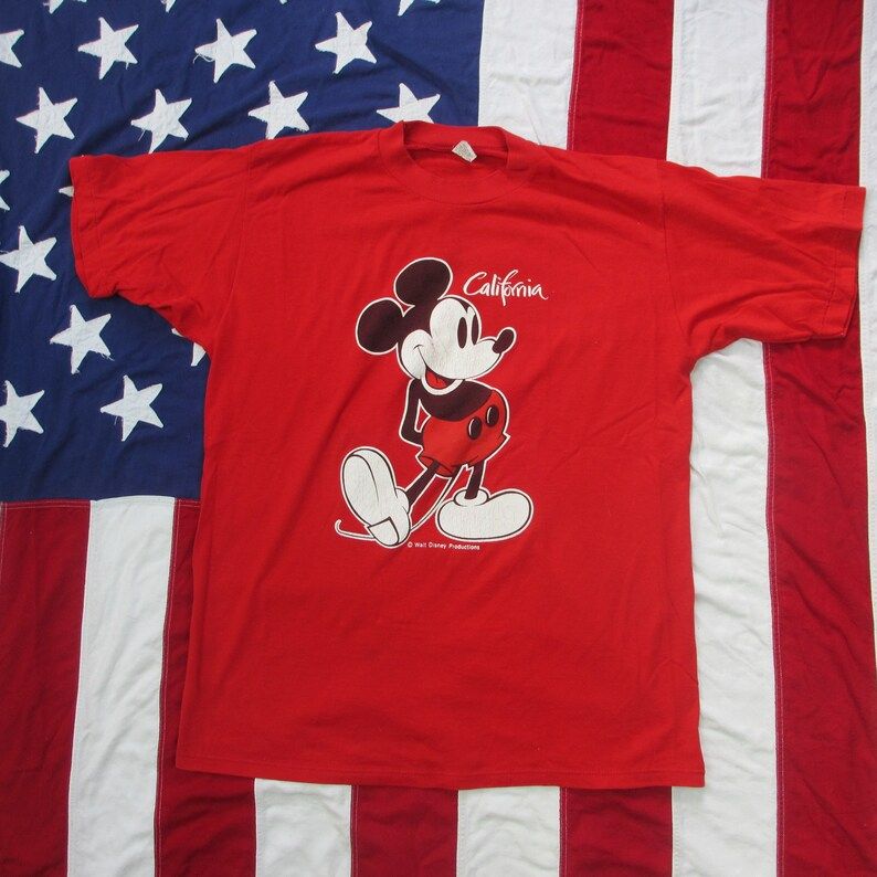 Vintage 1980S Mickey Mouse California Graphic T Shirt Large Xl Soft Thin Red Walt Disney World Land Tourist Souvenir Cartoon Velva Sheen