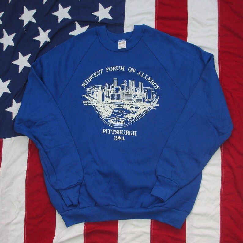 Vintage 1980S Midwest Forum On Allergy Pittsburgh Raglan Sweatshirt Medium Large Blue White Medicine Golden Triangle Downtown Sportswear