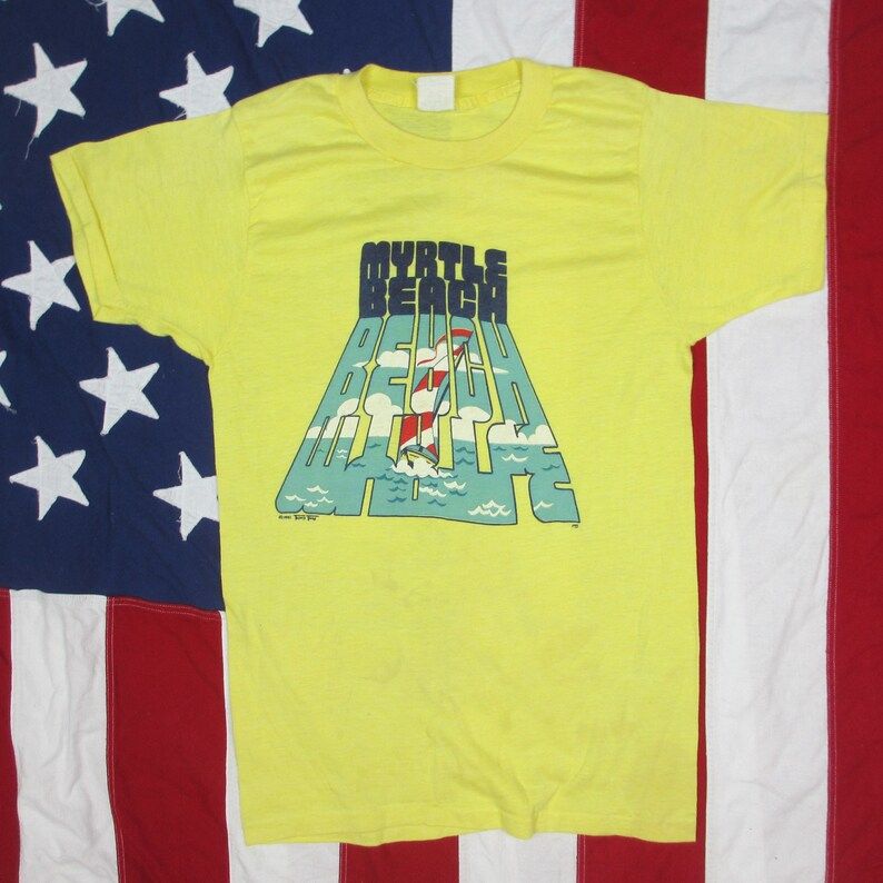Vintage 1980S Myrtle Beach South Carolina Wind Surfing Graphic T Shirt Xs Small Yellow Paper Thin Soft Screen Stars Best White Tag Tourist