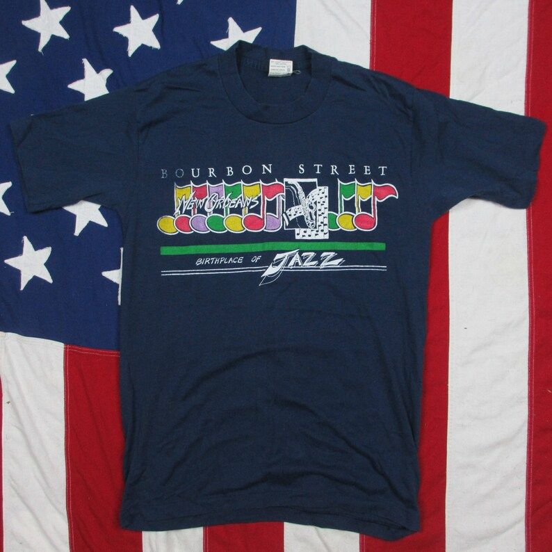 Vintage 1980S New Orleans Bourbon Street Jazz T Shirt Small Medium Soft Thin Cotton Poly French Quarter Music Notes Louisiana Navy Blue