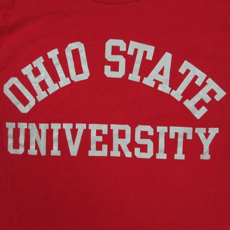 Vintage 1980S Ohio State University Lettering T Shirt Small Medium Red Silver Velva Sheen Soft Thin Columbus Ncaa Buckeyes Football Osu