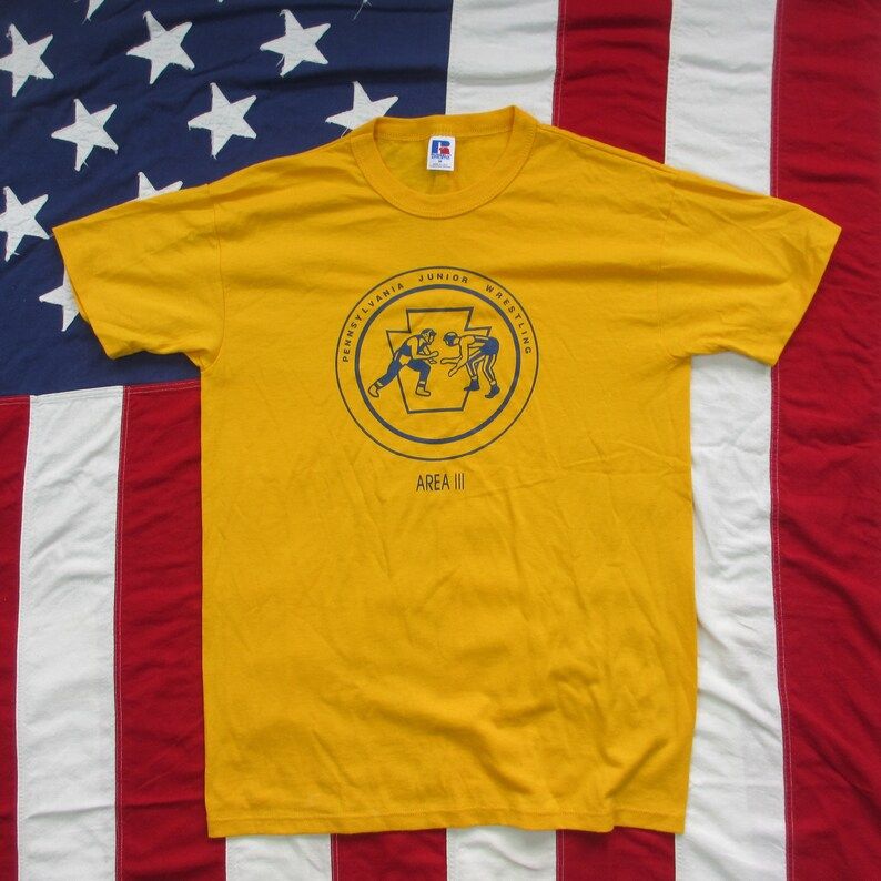 Vintage 1980S Pennsylvania Junior Wrestling Area Iii Graphic T Shirt Medium Yellow Keystone Varsity Sport Russell