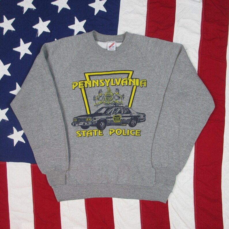 Vintage 1980S Pennsylvania State Police Crewneck Raglan Sweatshirt Medium Large Heather Grey Keystone Pa Bubble Print 50 50 Cotton Poly